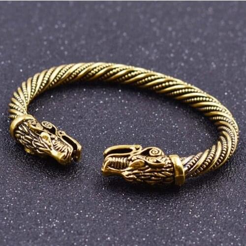 Vintage Dragon Head Mouth Open Cuff Bracelet Nordic Viking Bangle Antique Twisted Pattern Carved Wristband Jewelry