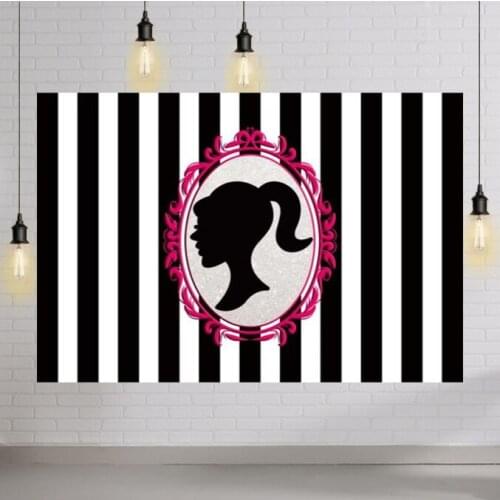 Black White Stripe Backdrop Doll Head Photo Frame Glamour Girl Photography Background Party Decor Kid Birthday Banner