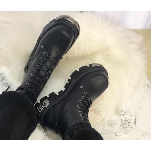 Punk Black Leather Girls Rock Style Thick Bottom Lace Up Front Iron Decoration Round Toe Short Motorcycle Ankle Boots Cheap