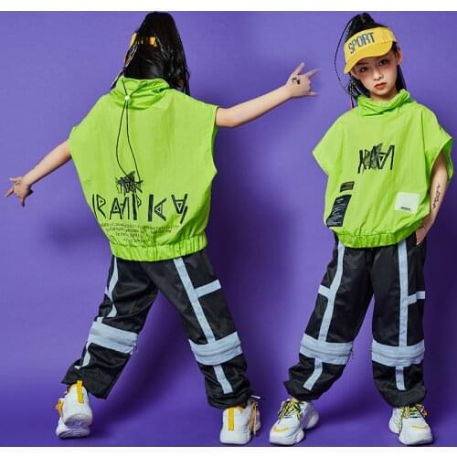 Kids Hip Hop Clothing Boys Street Dance Girls Green Tops Loose Hip Hop Pants Modern Jazz Hiphop Performance Stage Costume BL5817