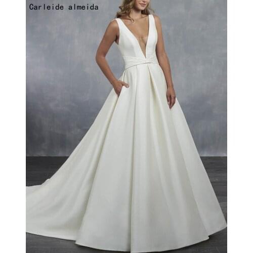 V-Neck Satin Elegant Wedding Dresses with Pocket Low Back Bridal Dress
