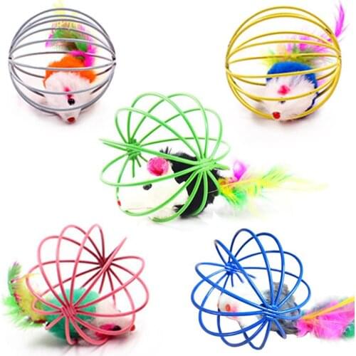 2PCS Cat Mouse Cage Toys Cat Ball Toy Fake Rabbit Fur Mouse in Cage Cat Interactive Toy Kitten Toy