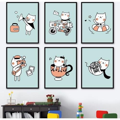 Cartoon Cat Swim Cycling Take pictures Wall Art Canvas Painting Nordic Posters And Prints Wall Pictures Children Room Home Decor