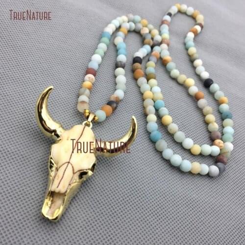 Buffalo Skull Men Necklace Gold Color Resin Western Jewelry Charm Matte Frosted Amazonite Beaded Necklace In 32 Inch NM4301