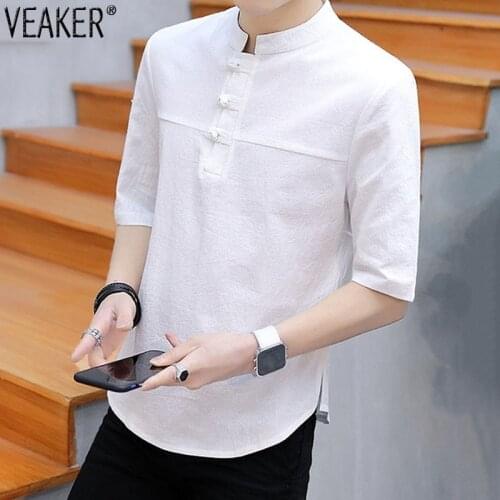 2019 New Mens Cotton Linen Shirts Chinese Style Male Vintage Short Sleeve Loose Linen Shirt Solid Color Tops Shirt M-5XL