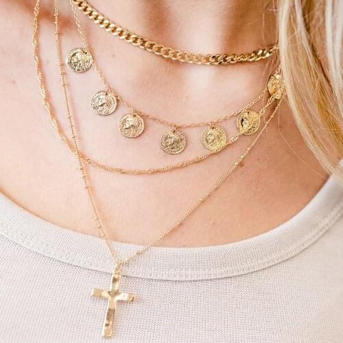 New Natural Curved Cross Pendant Chain Necklaces For Women Multilevel Fashion Gold Human Head Coin Female Necklace Jewelry Gift