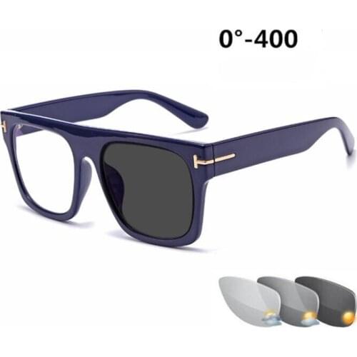 Blue Frame Photochromic Gray Square Prescription Eyeglasses Women Men TR90 Oversized Nearsighted Glasses 0 -0.5 -0.75 To -6.0
