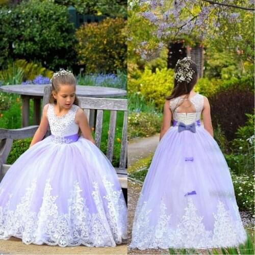 Princess Lavender Flower Girls Dresses Sleeveless Jewel Neck Lace Appliques Ball Gown Long Girls Pageant Kids Brithsday Gowns