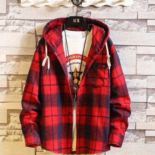 Casual Brand With Hooded Plaid Shirt MenS Fleece Red Shirts Long Sleeves 2021 New Spring Autumn Plus OverSize S-7XL