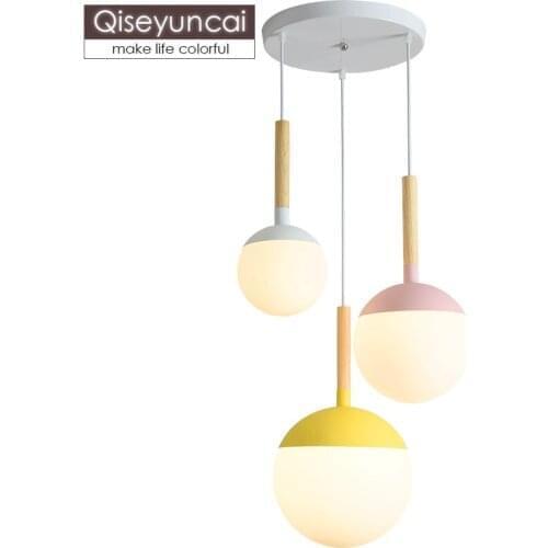 Qiseyuncai Nordic modern magic beans sphere glass three heads restaurant chandelier living room simple wood lamps free shipping
