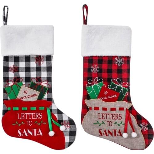 Christmas Decor Plaid Stocking Large Candy Bag Kids Gift Bag Party Home Fireplace Decor Sock Pendant Drop Ornaments