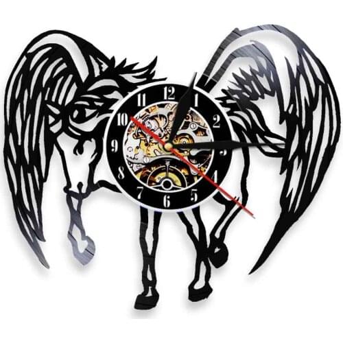 Modern Design Unicorn Decorative 3D Art Wall Clock Pegasus Animal Vinyl LP Record Horse Retro Time Clock Home Decor