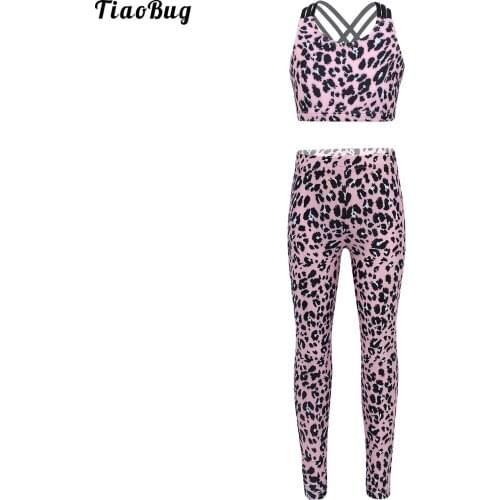 TiaoBug 2Pcs Kid Girls Leopard Print Gym Yoga Sport Suit U Neck Sleeveless Three Shoulder Straps Cross At Rear Crop Top Leggings