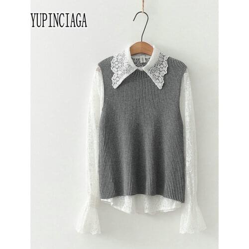 YUPINCIAGA Womens Sets Korean Style Pointed Collar Lace Shirt Female Knitted Vest Bell Sleeve Sweet White Shirt Two-piece Girl