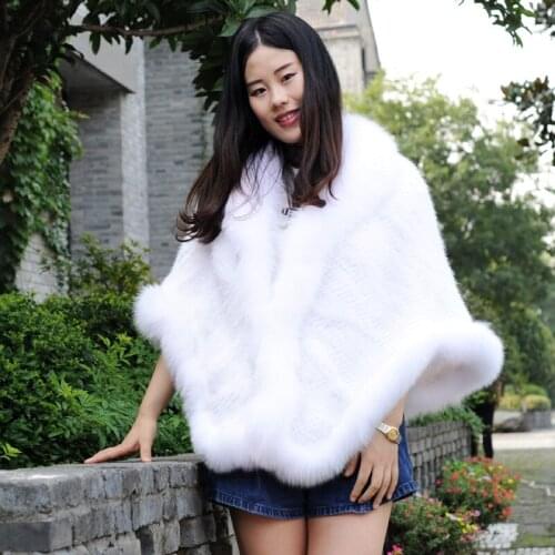 CX-B-M-99D New Fashion Winter Womens Genuine Knitted Mink Fur Shawls With Fox Fur Collar Outerwear Coats