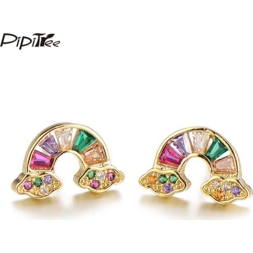 Pipitree Shiny Princess Cut Cubic Zirconia Lovely Rainbow Earrings for Women Girls Fashion Stud Earrings CZ Ear Jewelry Gift