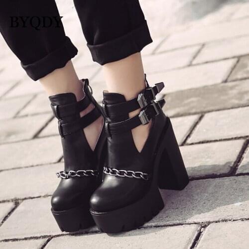 BYQDY Chunky Heels Platform Woman Boots Metal Chains Double Buckle Ankle Boots Round Head Cut Out Punk Shoes Female Plus 41-42