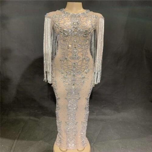 V15 Singer perform evening long dress rhinestones tassel sleeve skirt drilling mesh one piece women dress birthday wear host bar
