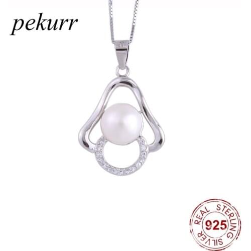 Pekurr 925 Sterling Silver Circle Hoop Triangle Natural Freshwater Pearl Necklaces For Women Geometry Pendants Jewelry Gift