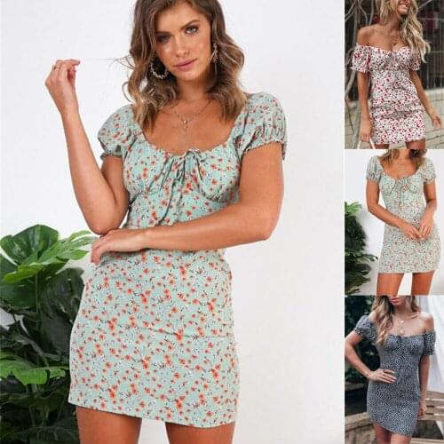 Women Off Shoulder Wrap Summer Boho Floral Mini Print Short Sleeve Evening Party Dress Ladies Holiday Beach Summer 2021