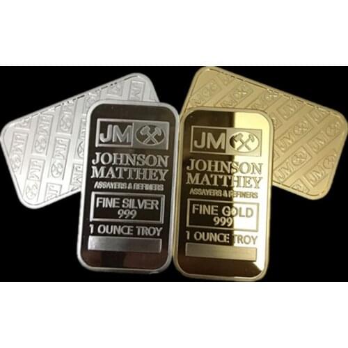 100 pcs Non magnetic The Johnson Matthey JM bank silver gold plated bullion bar souvenir coin with different serial laser number
