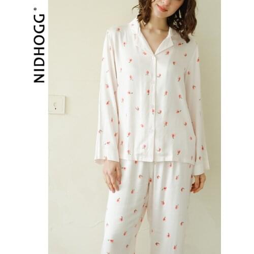 2020 Spring Satin Pajamas Womens Long-sleeved Peach Printing Pijama Viscose White 2 Piece Women Wear Loungewear Home Clothes