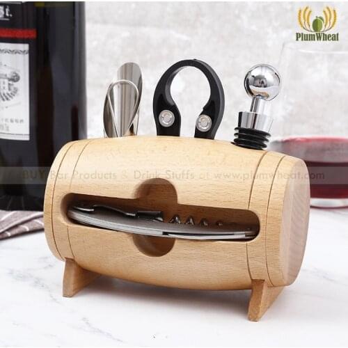 4 Pieces Bar Tool Set Wine Bottle Opener with Wood Box Stand