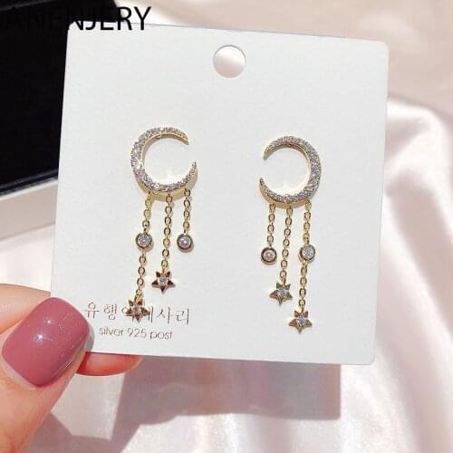 ANENJERY 925 Sterling Silver Sparkling Moon Star Long Tassel Drop Earrings Zircon Dangle Earrings For Women Party S-E1110