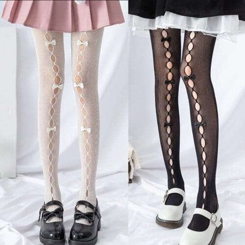 Women Girls Hollow Out Hole Fishnet Pantyhose Sweet Handmade Bowknot Japanese Lolita Kawaii Stretch Tights Stockings