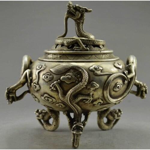 Free Shipping Collectible home Decorated Old Handwork Miao Silver Carved 6 Dragon statue incense burner/metal crafts censer