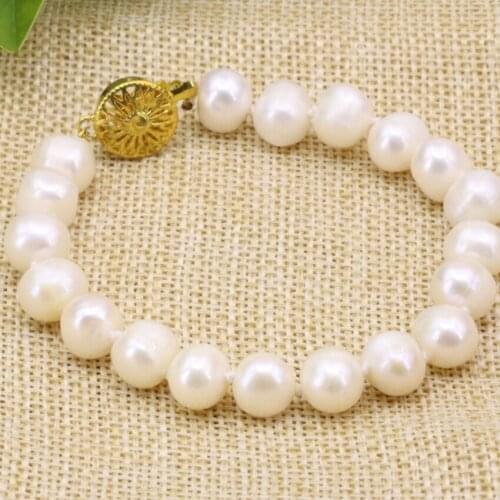 Natural white 8-9mm freshwater cultured beads nearound pearl charms strand bracelets bangle for women gift jewelry 7.5inch B3176