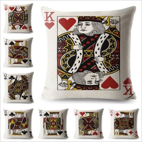 Poker King Queen and Jack Pillow Case Cartoon Linen 45*45 cm Decorative Printed Cushion Cover for Sofa Home Throw Pillowcase