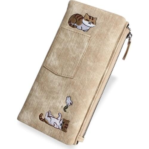 Denim Cat Women Wallet Embroidery Canvas Pattern Purse Large-Volume Buckle Mobile Phone Pocket Decoration Girls' Bag