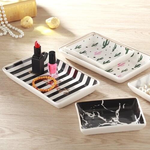 Dessert plate rectangular ceramic marble pattern gold jewelry plate cactus ceramic jewelry plate set props