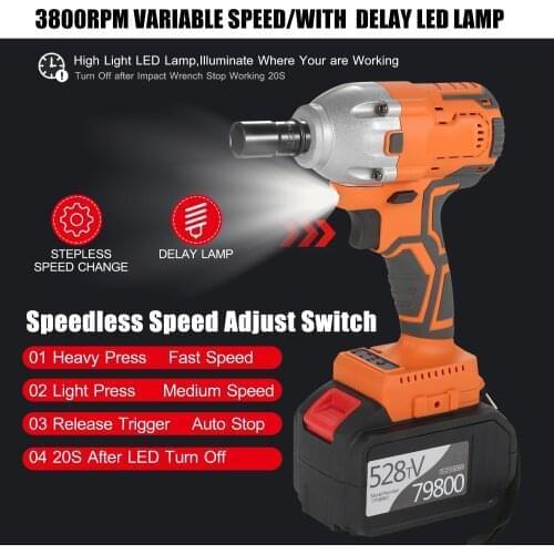 Cordless Brushless Impact Wrench 1/2 Inch 380Nm High Torque 6000mAh Battery Variable Speed 21V Wrench Socket for Motorcycle