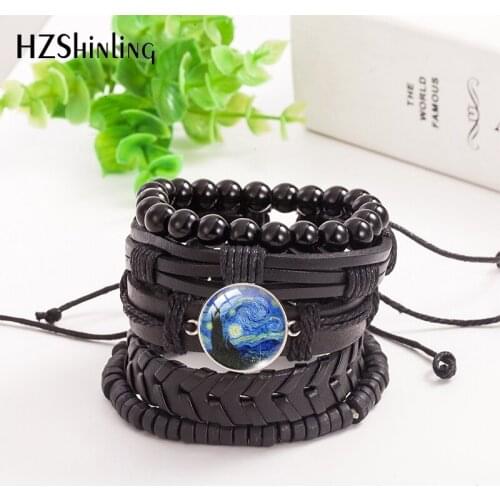 2021 New 5pcs/set Van Gogh Painting Leather Bracelet Branches of an Almond Tree Bracelets Glass Dome Photo Jewelry Men Women