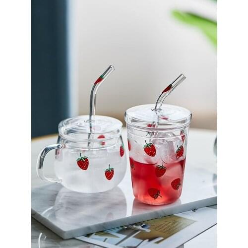 300/350ml Strawberry Cute Glass Cup With Straw Creative Transparent Water Cup Student Milk Heat Resistant Glass Nana