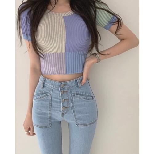 Sweet Style O Neck Color Splicing Slim Knitwear Womans Short Sleeve Thin Sweater