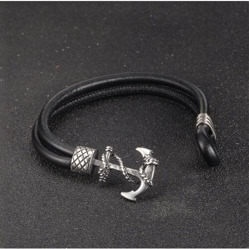 Punk Style Design Multilayer Genuine Leather Bracelet Stainless Steel Bangles For Fathers Day Mens Birthday Gift