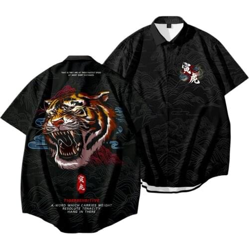 2021 Summer Retro Hawaiian Mens Casual Black Tiger Print Shirt Loose Buttons Short Sleeve Top Loose Beach Shirt