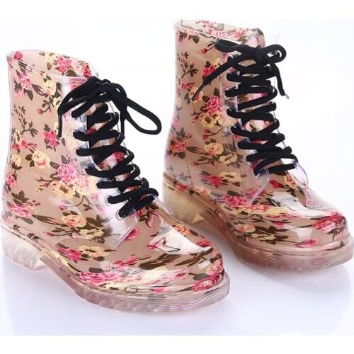 2019 New Style Fashion Girls Rainboots Transparent Lace-Up Rain Boots Women Waterproof Martin Boots Non-Slip Ankle Water Shoes
