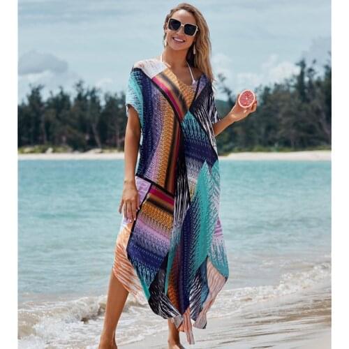 2020 New Color Blocks Bikini Cover-ups Bohemian Print V-neck Summer Dress Beach Tunic Women Beachwear Kaftan Swimsuit Cover Up