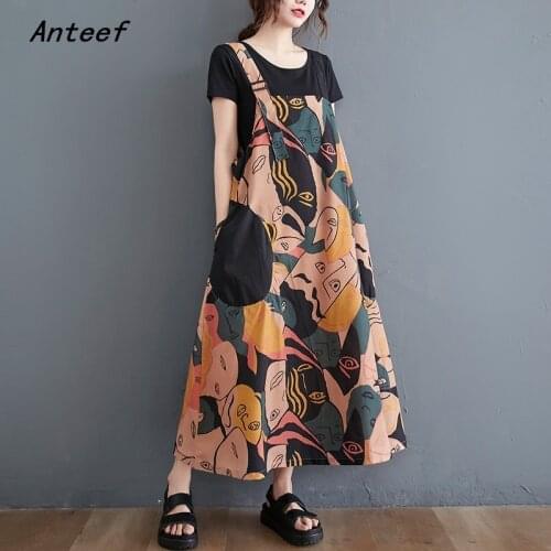 Sleeveless strap plus size cotton vintage floral dresses forwomen casual loose long summer dress elegant clothes 2021 sundress