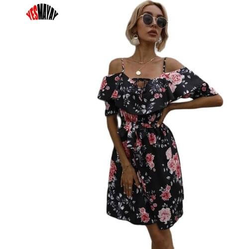 Off Shoulder Beach Women Dress Summer Leisure Sexy Mini dresses Elegant Robe Femme 2021 Ruffle Spaghetti Strap Boho Female Dress