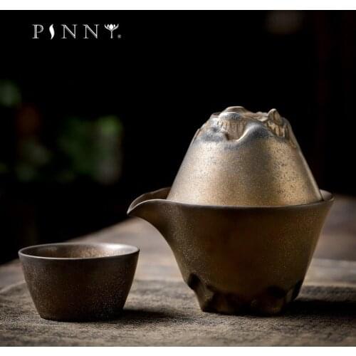 PINNY Retro Ceramic Gold Glaze Portable Tea Set Japanese Style Kung Fu Tea Set 1 Pot 2 Cups Vintage TravelTeaware Sets Drinkware
