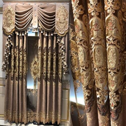 European-style Luxury Living Room Curtains Upscale Atmosphere Chenille Embroidered Openwork Coffee Color Bedroom Curtains