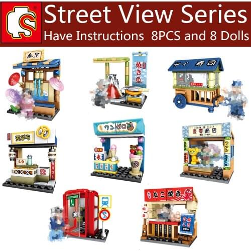 SEMBO City Tempura Sushi Telephone Booth Ice Cream Shop Store Street View Restaurant House Set Model Building Blocks Toys Gift