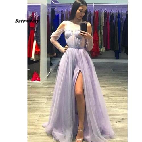 Lilac 2021 Prom Dresses High Slit Tulle Party Maxys Long Sleeve Prom Gown Evening Dress Robe De Soiree