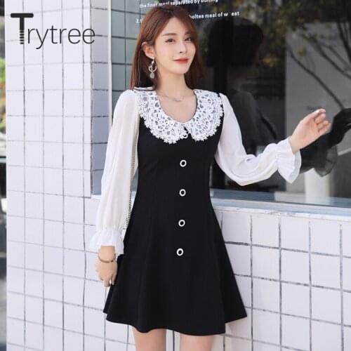 Trytree 2020 Autumn Dress Casual women Patchwork Butterfly Sleeve Mini dresses Ruffles Lace Peter pan Collar Office Lady Dress
