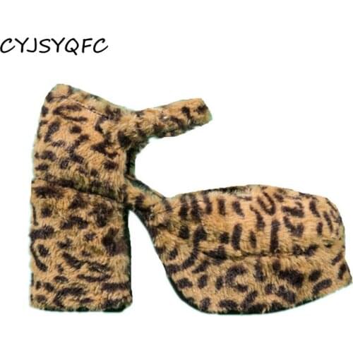 CYJSYQFC Women Round Toe Leopard Furry Fur Mixed Colors Platform Pumps Sexy Ankle Belt Buckle Strappy Block Heels Plush Shoes